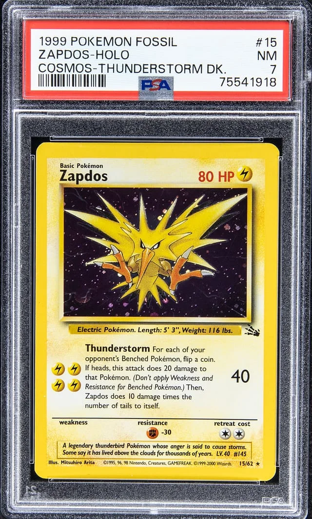 1999 Pokemon Fossil Holofoil Cosmos - Thunderstorm DK Zapdos #15 card image