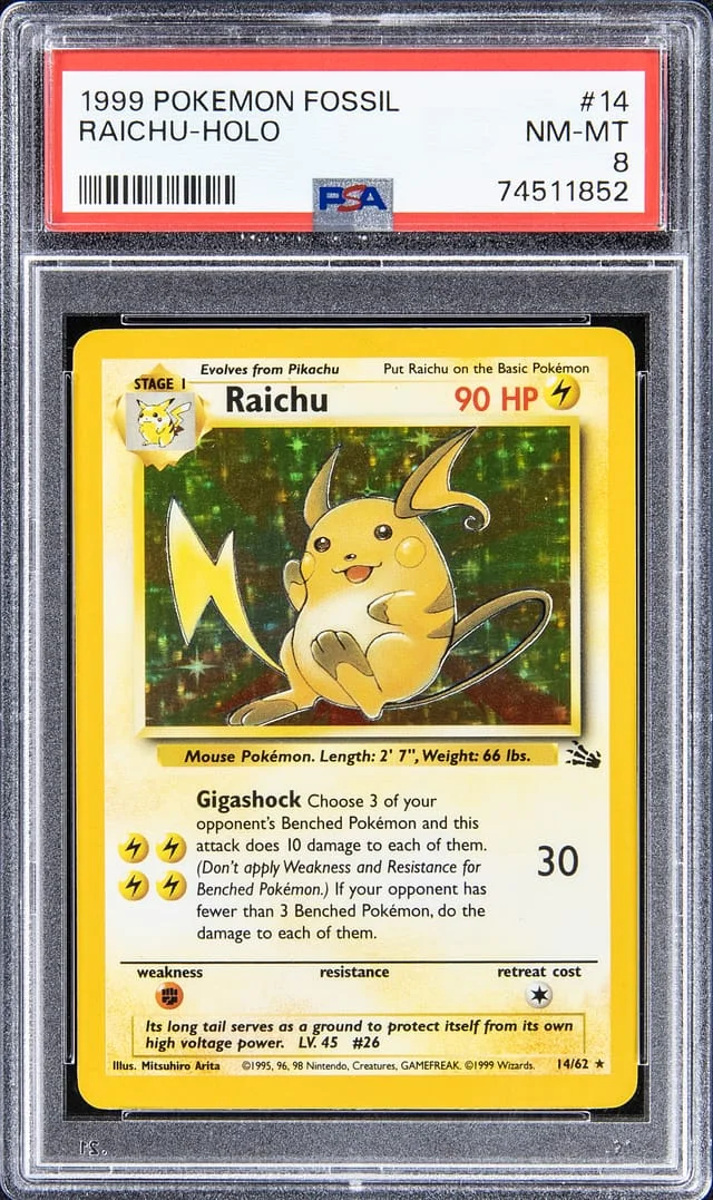 1999 Pokemon Fossil Rare Holofoil Raichu #14 card image