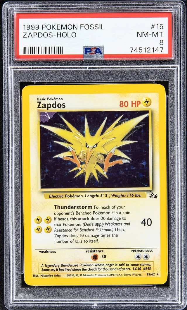1999 Pokemon Fossil Rare Holofoil Zapdos #15 card image