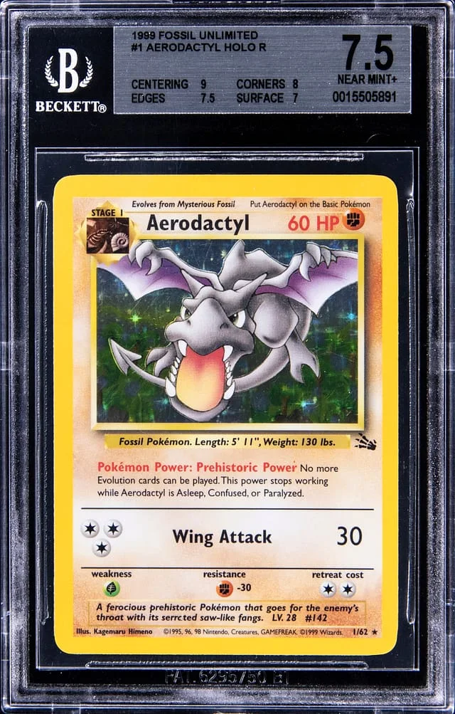 1999 Pokemon Fossil Unlimited Holo R Aerodactyl #1 card image