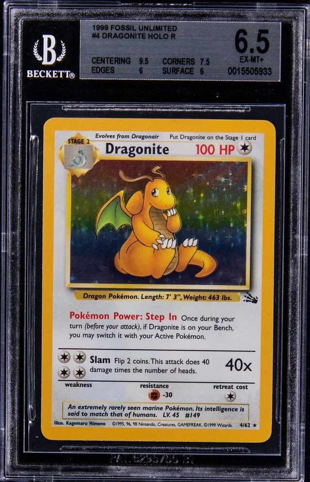 1999 Pokemon Fossil Unlimited Holo R Dragonite #4 card image
