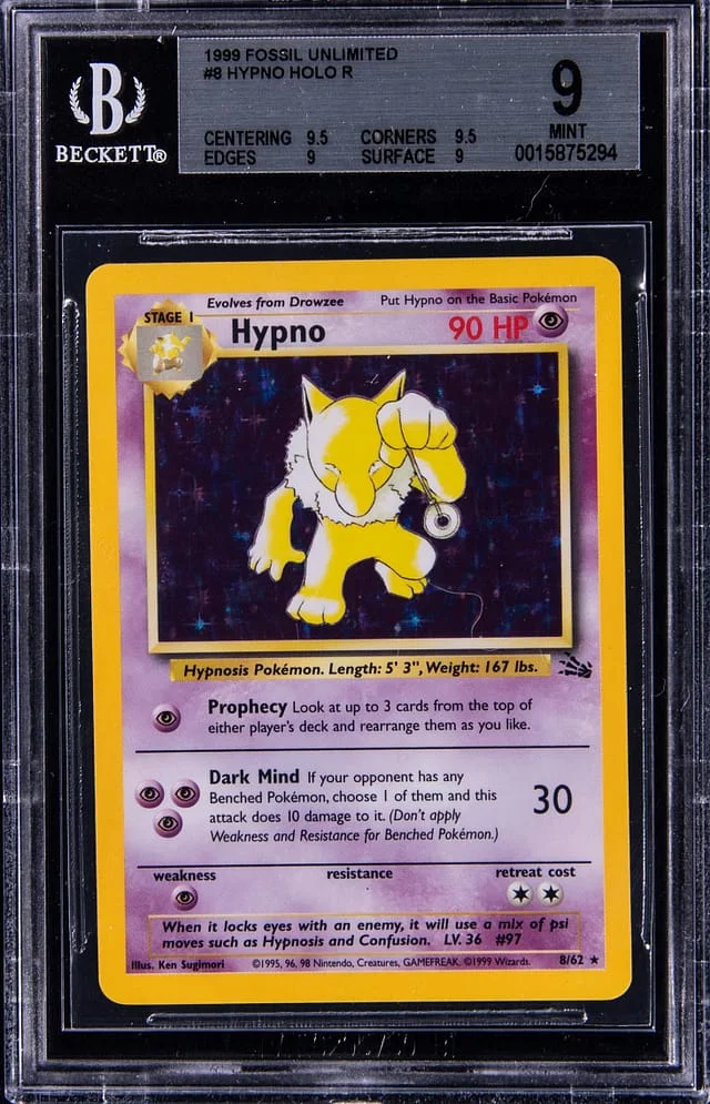 1999 Pokemon Fossil Unlimited Holo R Hypno #8 card image