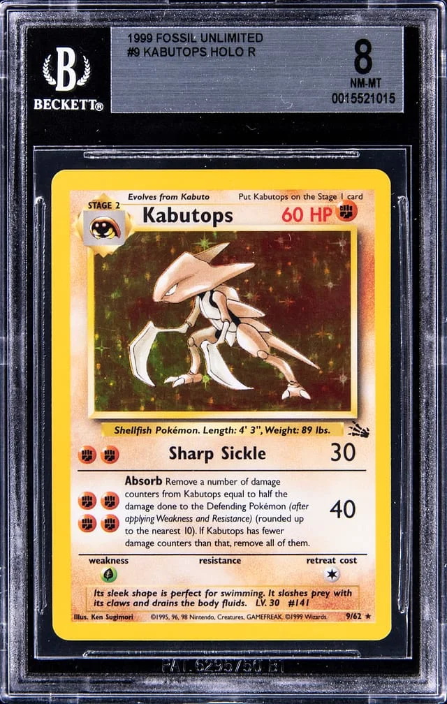 1999 Pokemon Fossil Unlimited Holo R Kabutops #9 card image