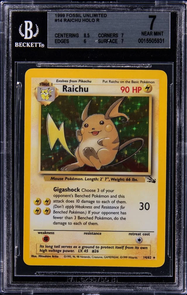 1999 Pokemon Fossil Unlimited Holo R Raichu #14 card image