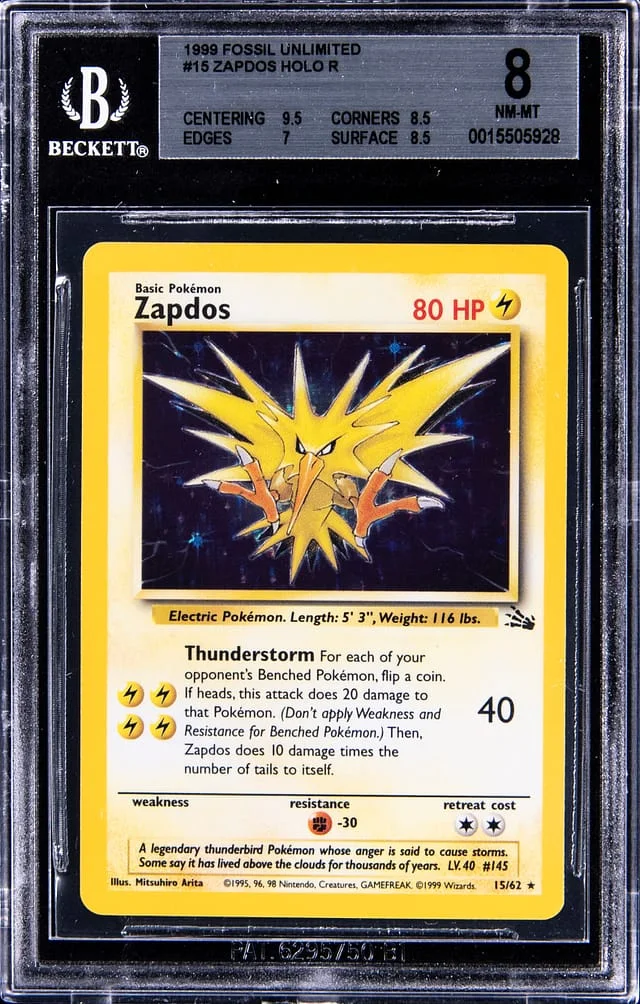 1999 Pokemon Fossil Unlimited Holo R Zapdos #15 card image