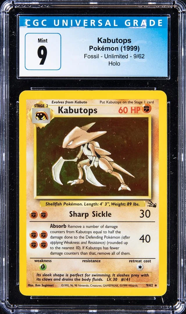 1999 Pokemon Fossil Unlimited Rare Holofoil Kabutops #9 card image