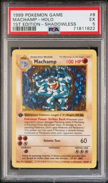 1999 Pokemon Game 1st Edition Shadowless Rare Holofoil Machamp #8 card image
