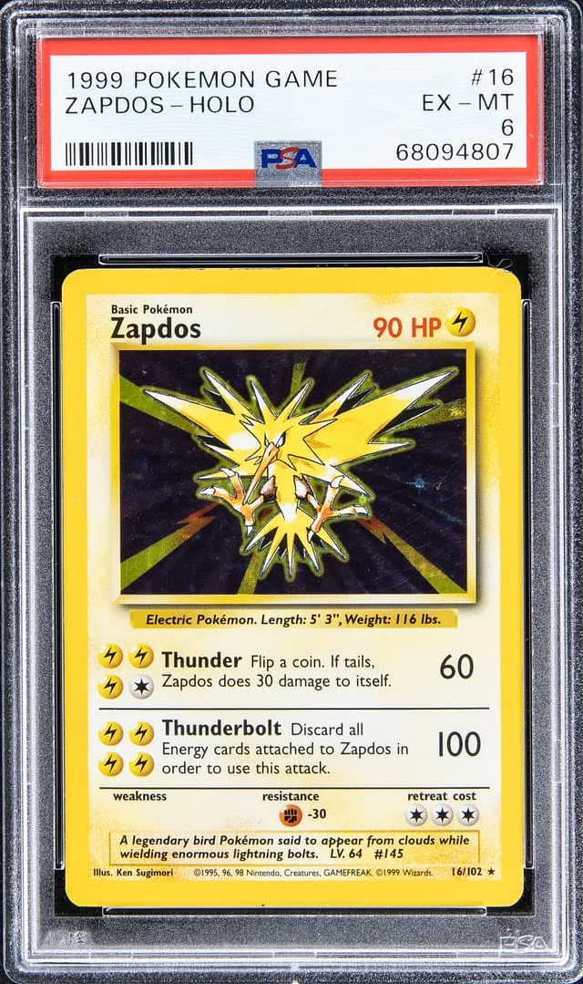 1999 Pokemon Game Rare Holofoil Zapdos #16 card image