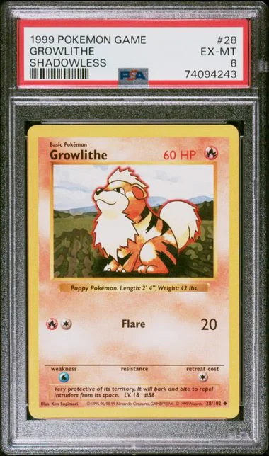 1999 Pokemon Game Shadowless Growlithe #28 card image