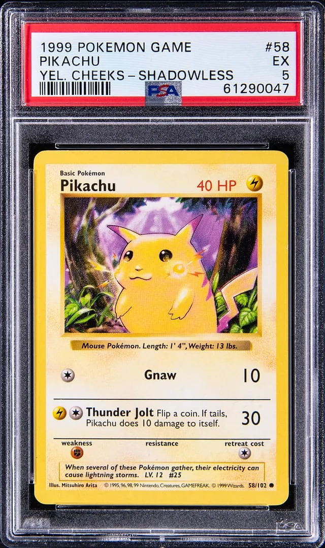 1999 Pokemon Game Shadowless Pikachu Yellow Cheeks #58 card image
