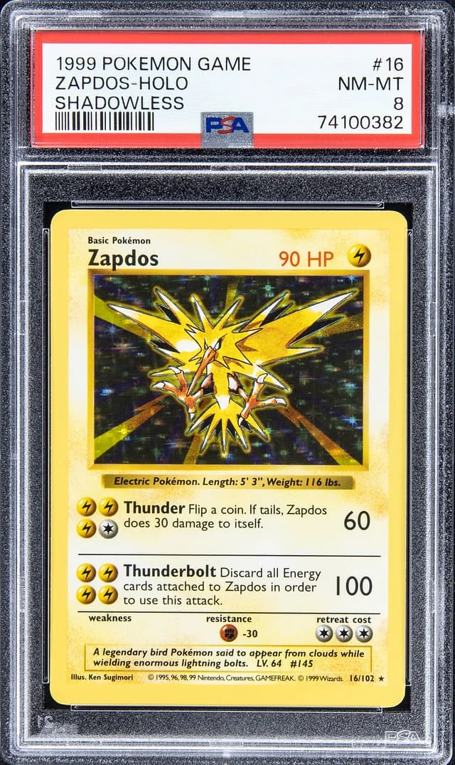 1999 Pokemon Game Shadowless Rare Holofoil Zapdos #16 card image