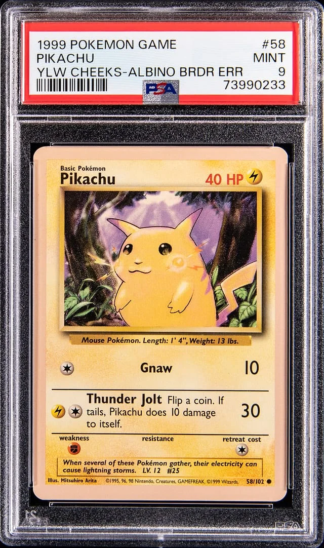 1999 Pokemon Game Yellow Cheeks Albino Border Error Pikachu #58 card image