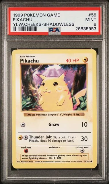 1999 Pokemon Game Yellow Cheeks-Shadowless Pikachu #58 card image