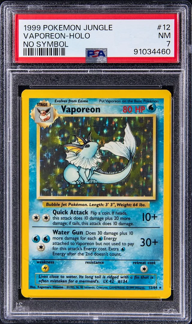 1999 Pokemon Jungle Holographic Rare Vaporeon (No Symbol) #12 card image