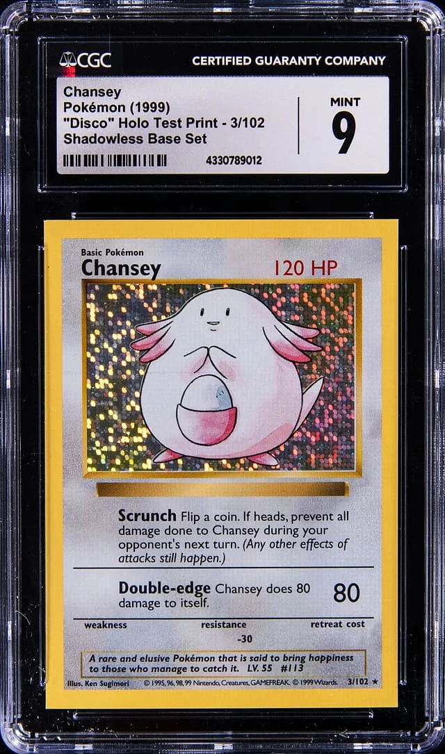 1999 Pokemon Shadowless Base Set Disco Holo Test Print Chansey #3 card image