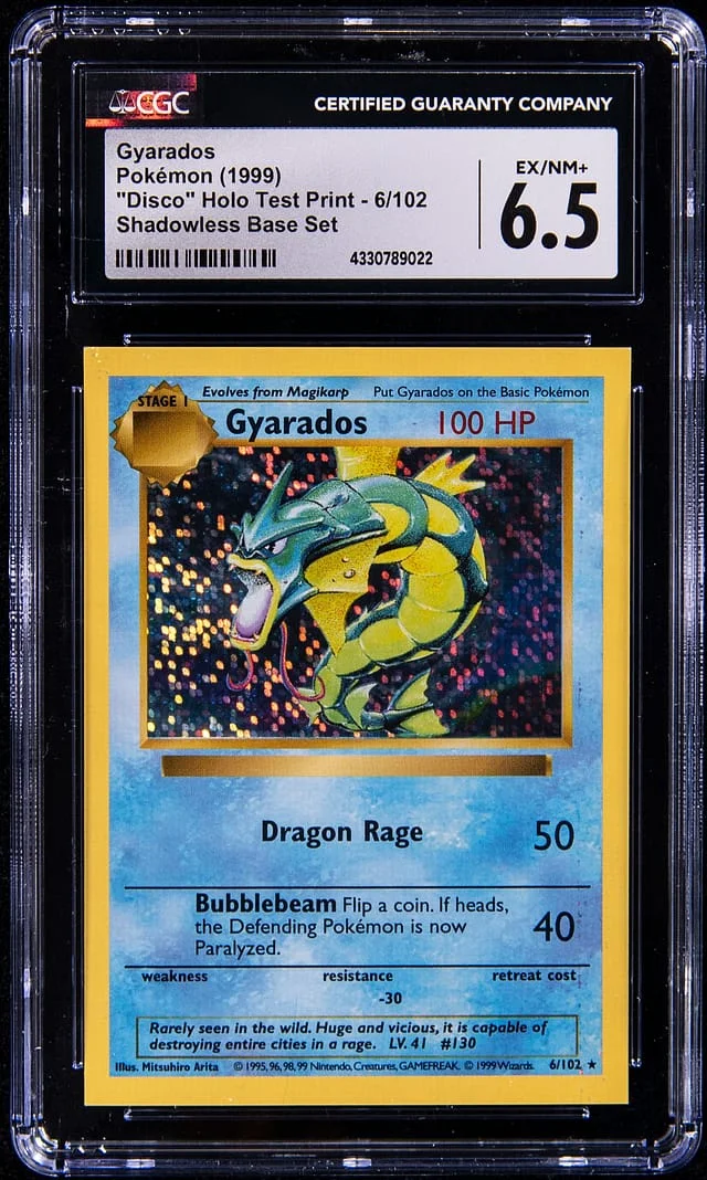 1999 Pokemon Shadowless Base Set Disco Holo Test Print Gyarados #6 card image