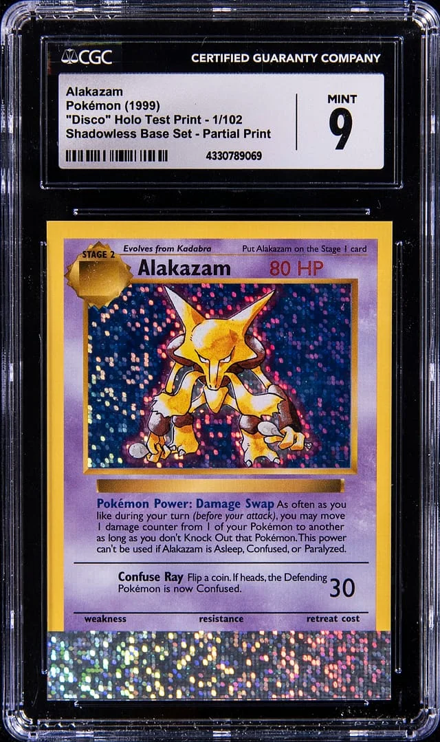 1999 Pokemon Shadowless Base Set Partial Print Disco Holo Test Print Alakazam #1 card image