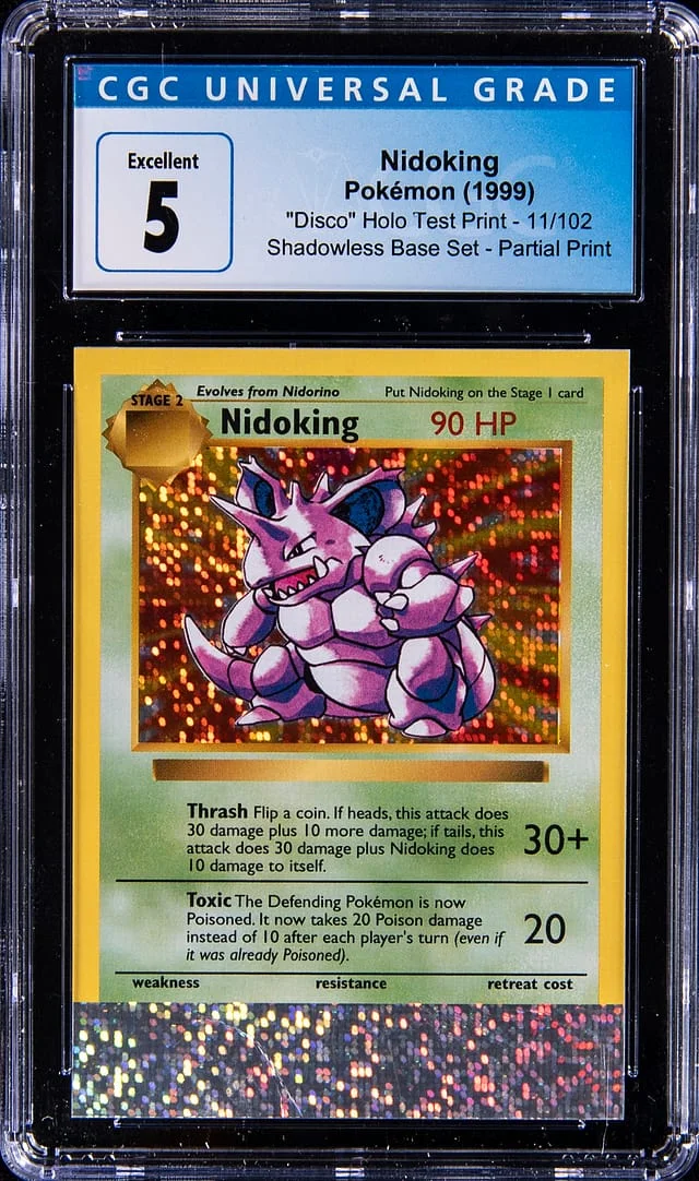 1999 Pokemon Shadowless Base Set Partial Print Disco Holo Test Print Nidoking #11 card image