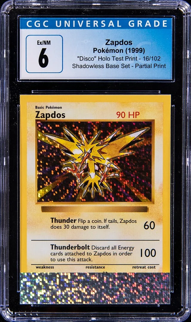 1999 Pokemon Shadowless Base Set Partial Print Disco Holo Test Print Zapdos #16 card image