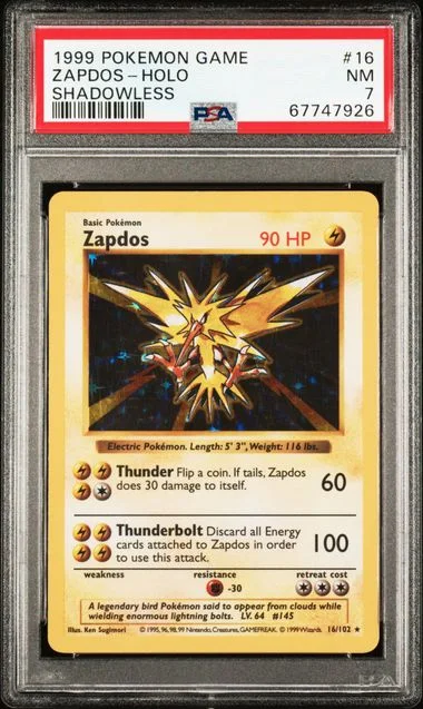 1999 Pokemon Shadowless Holofoil Zapdos #16 card image