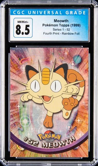 1999 Pokemon Topps Series 1 Fourth Print - Rainbow Foil Meowth #52 card image