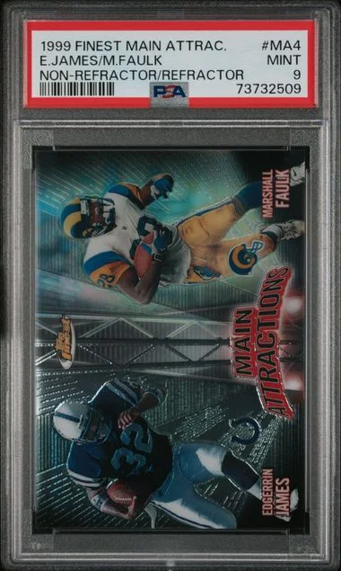 1999 Topps Finest Edgerrin James/Marshall Faulk Main Attractions Non-Refractor/Refractor #MA4 card image