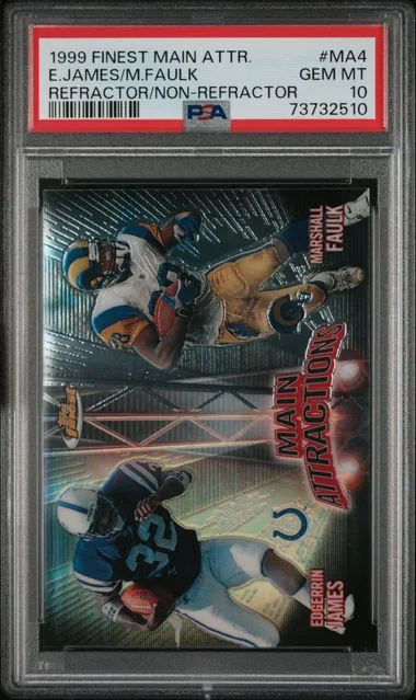 1999 Topps Finest Main Attractions Refractor/Non-Refractor#MA4 Edgerrin James/Marshall Faulk #no-number card image