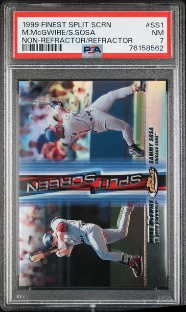 1999 Topps Finest Mark McGwire/Sammy Sosa Split Screen Non-Refractor/Refractor #SS1 card image