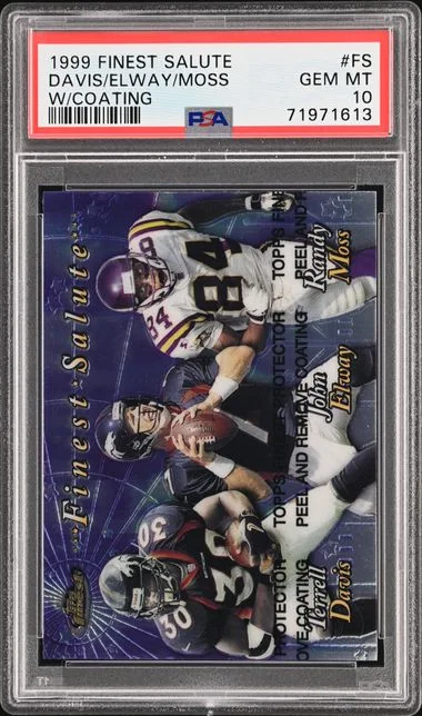 1999 Topps Finest Terrell Davis/John Elway/Randy Moss Salute W/ Coating #FS card image