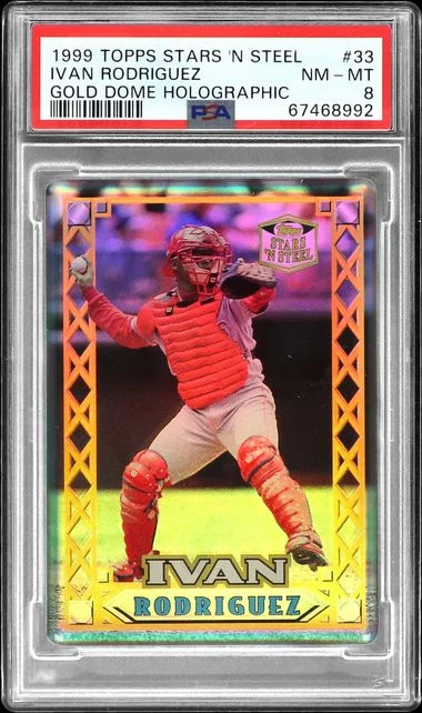 1999 Topps Ivan Rodriguez Stars 'N Steel Gold Dome Holographic #33 card image