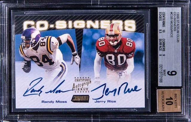 1999 Topps Stadium Club Co-Signers Randy Moss/Jerry Rice #no-number card image