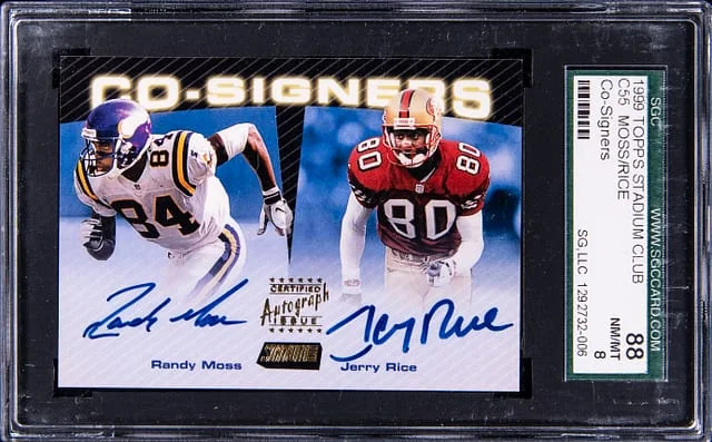 1999 Topps Stadium Club Randy Moss/Jerry Rice Co-Signers #55 card image