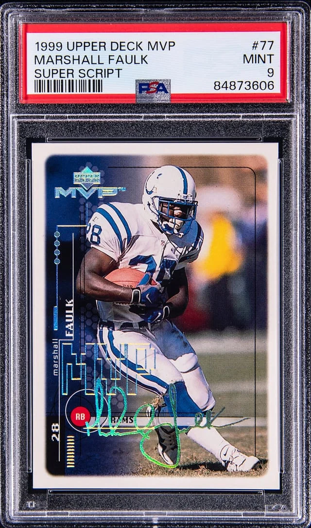 1999 Upper Deck MVP Marshall Faulk Super Script #77 card image