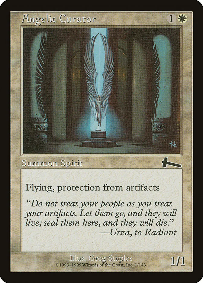 1999 Urza's Legacy Angelic Curator common #1 unlisted card image