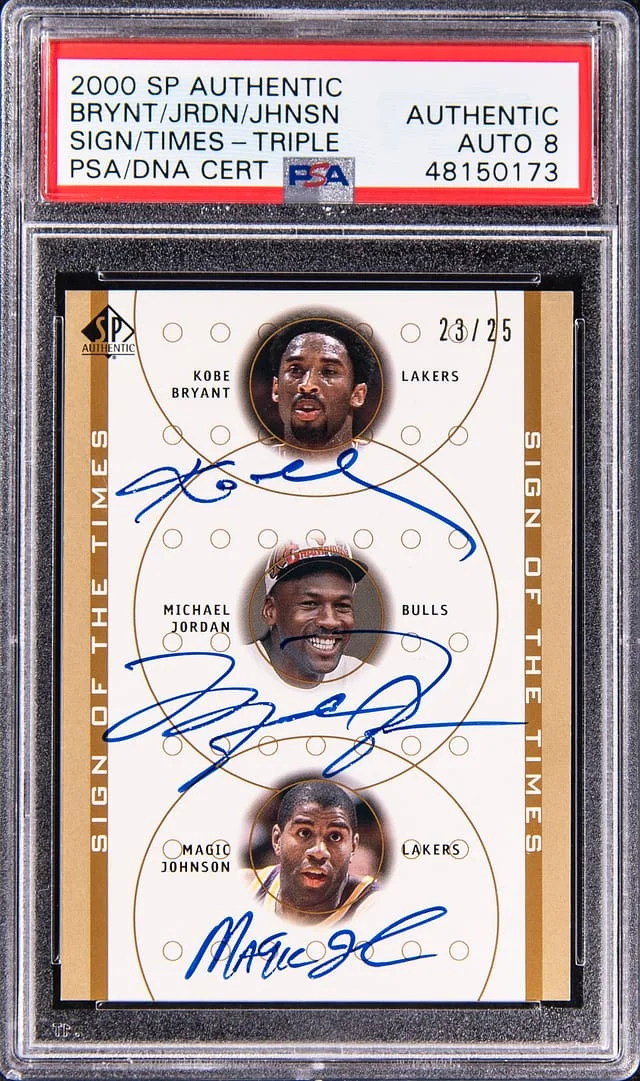 2000-01 UD SP Authentic Sign Of The Times Triple Kobe Bryant/Michael Jordan/Magic Johnson Multi-Signed Card - Jordan's Jersey Number #KB/MJ/MG card image