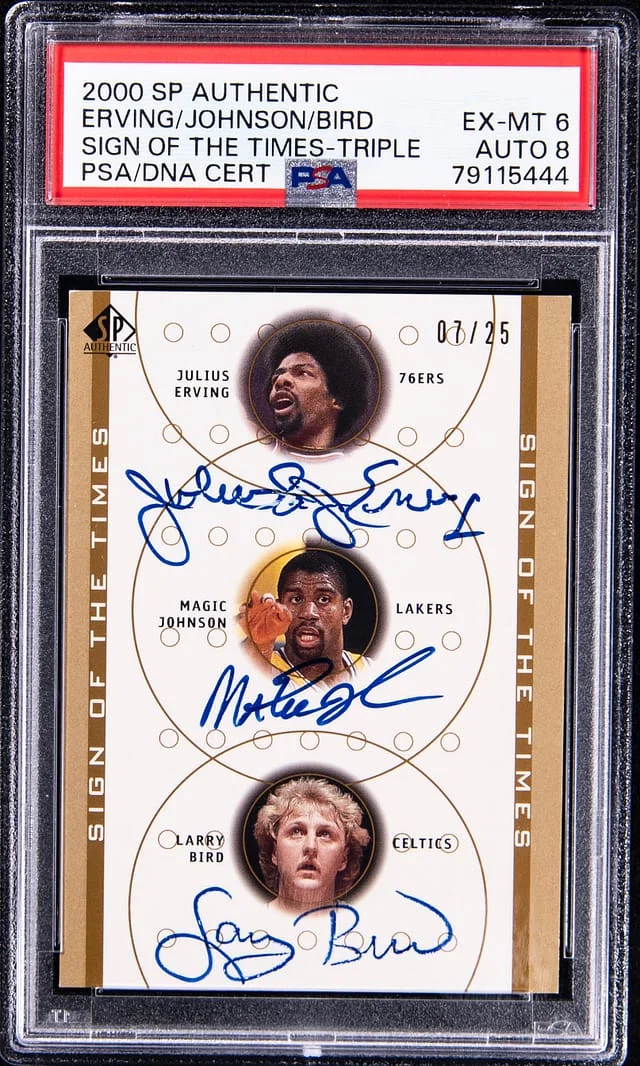 2000-01 Upper Deck SP Authentic Julius Erving/Magic Johnson/Larry Bird Multi-Signed Sign of The Times Triple #DR/MG/LB card image