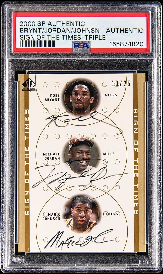 2000-01 Upper Deck SP Authentic Kobe Bryant/Michael Jordan/Magic Johnson Multi-Signed Sign of The Times Triple #KB/MJ/MG card image
