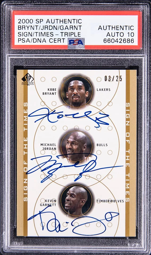 2000-01 Upper Deck SP Authentic Sign of the Times Triple Kobe Bryant/Michael Jordan/Kevin Garnett Multi-Signed #no-number card image