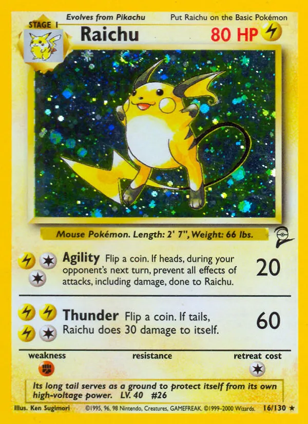 2000 Base Set 2 Raichu Rare Holo #016/130 Rare Holo card image