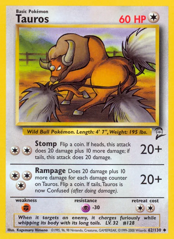2000 Base Set 2 Tauros Uncommon #062/130 Uncommon card image