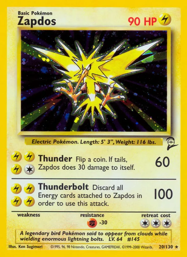 2000 Base Set 2 Zapdos Rare Holo #020/130 Rare Holo card image