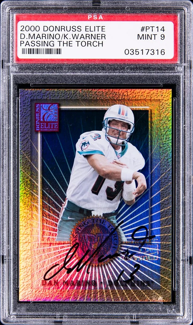 2000 Donruss Elite Dan Marino/Kurt Warner Passing The Torch #PT14 card image