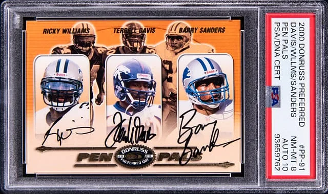 2000 Donruss Ricky Williams/Terrell Davis/Barry Sanders Multi-Signed Preferred Pen Pals #PP-91 card image