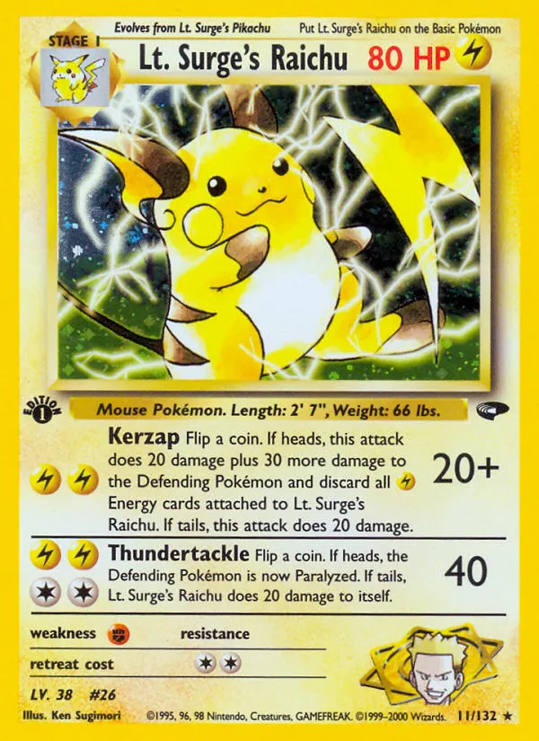 2000 Gym Challenge Lt. Surge's Raichu #011/132 Rare Holo card image