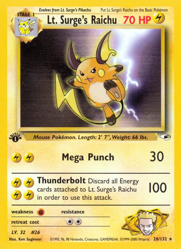 2000 Gym Heroes Lt. Surge's Raichu Rare #028/132 Rare card image