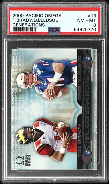 2000 Pacific Omega Generations Drew Bledsoe/Tom Brady #13 card image
