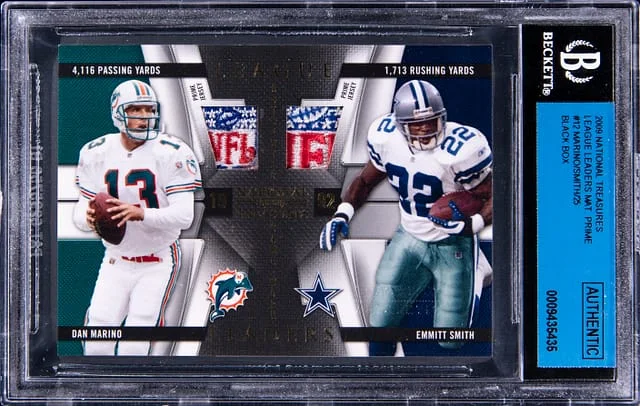 2000 Panini National Treasures Dan Marino/Emmitt Smith League Leaders NFL Prime Black Box #12 card image