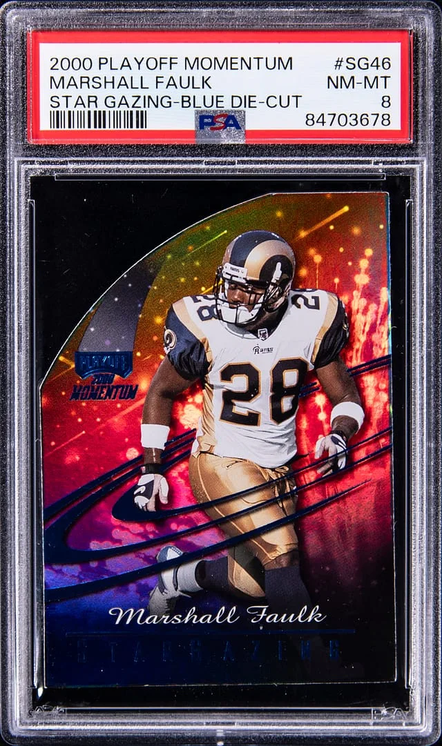 2000 Playoff Marshall Faulk Momentum Star Gazing Blue Die-Cut #SG46 card image