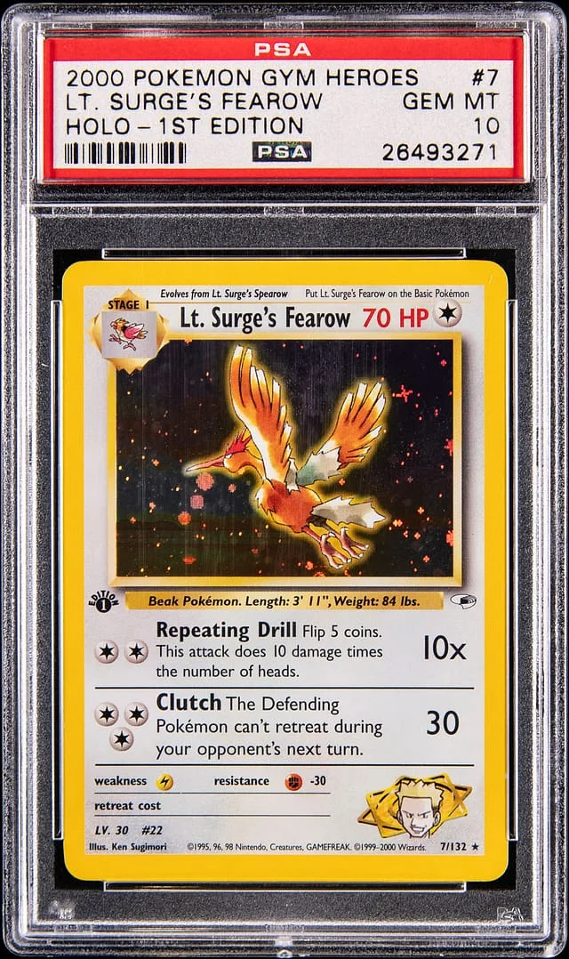 2000 Pokemon Gym Heroes 1st Edition Holo Lt. Surge's Fearow #7 card image