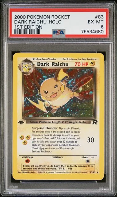 2000 Pokemon Team Rocket 1st Edition Secret Rare Holofoil Dark Raichu #83 card image